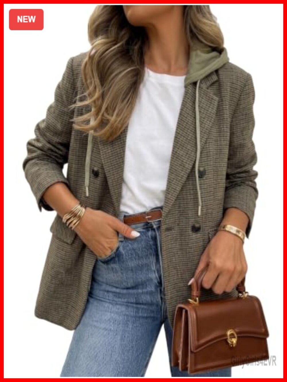 Women's Tweed Hooded Plaid Blazer Jacket Business Casual Loose Fit